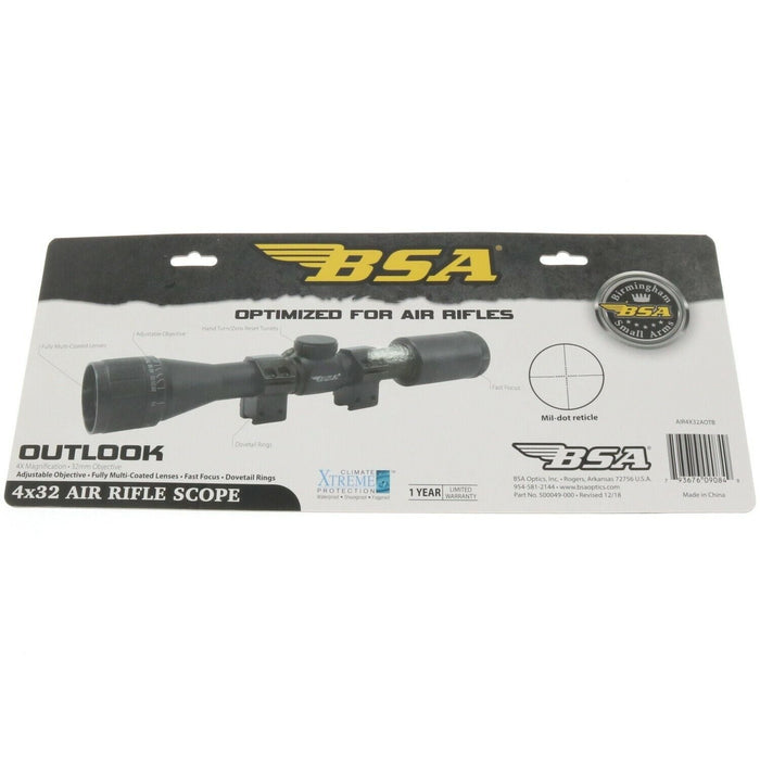 BSA #AIR4X32AOTB Outlook 4x32 Air Rifle Scope Mil-Dot Reticle