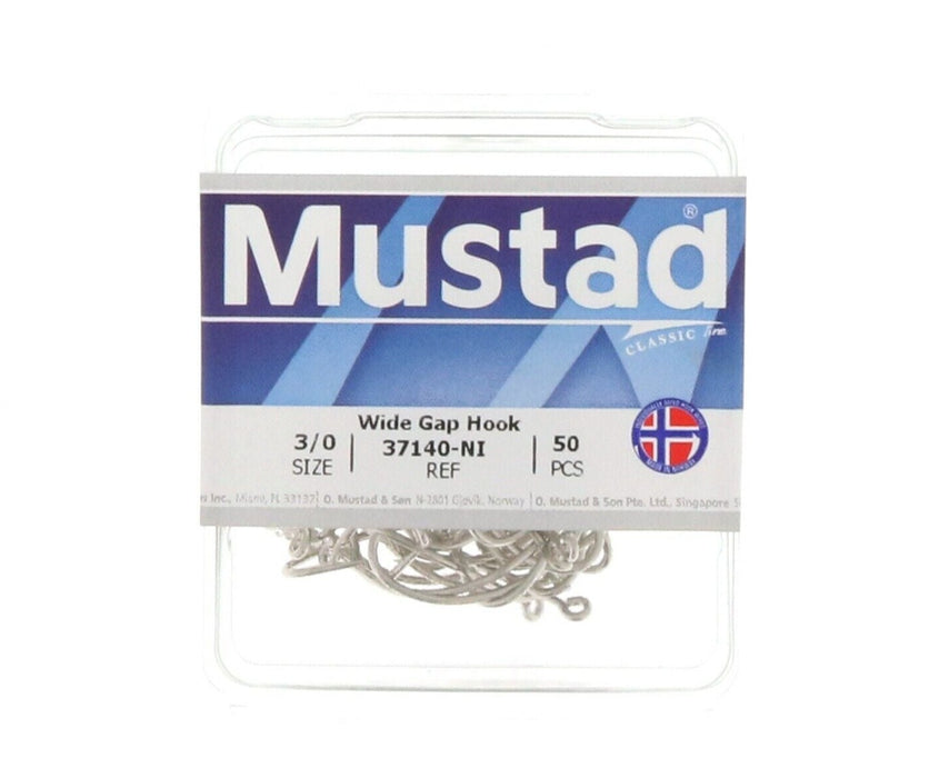 Mustad #37140-NI-3/0-50 Wide Gap Hooks Nickel Size 3/0