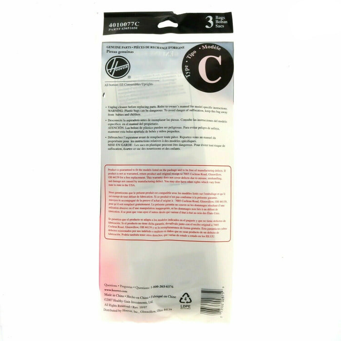 Hoover #4010077C Convertible Upright Hoover Vacuum Bags Type C ~ 3-Pack ~ 9 Vacuum Bags Total