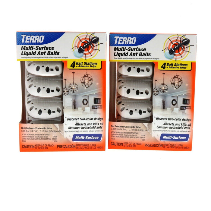 Terro #T334B Multi-Surface Liquid Ant Bait Stations & Adhesive Strips ~ 2 Pack ~ 8 Stations Total