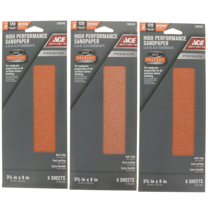 Ace Hardware #1608488 Sandpaper 120 Grit Medium ~ 3-Pack ~ 18 Sheets Total