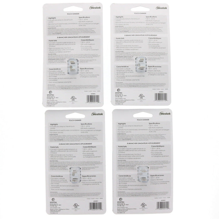 Westek #6004B Plug-In Indoor 3-Level Touch Dimmer White 120V Lamp ~ 4-Pack