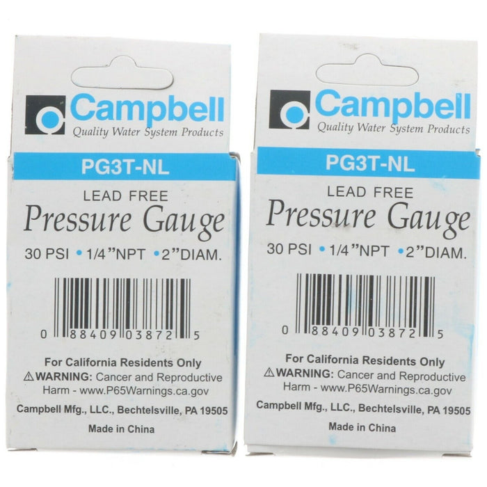 Campbell #PG3T-NL Pressure Gauge 30PSI  ~ 2-Pack