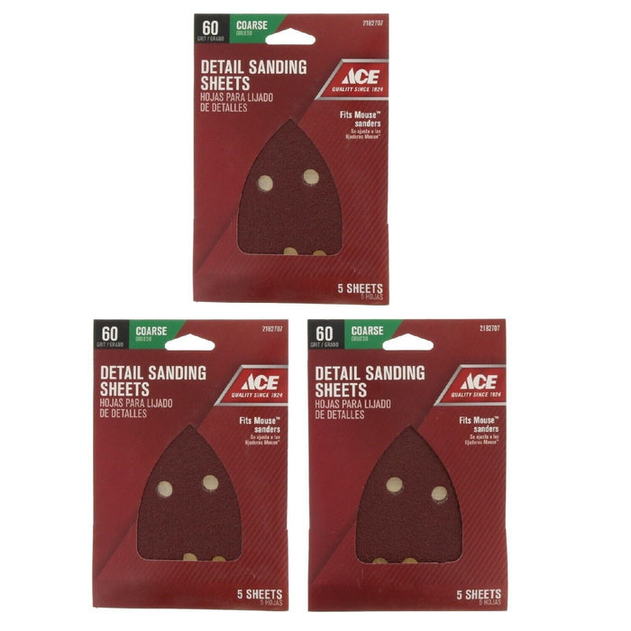 Ace Hardware #2182707 Detail Sanding Sheets Mouse Sander 60 Grit Coarse ~ 3-Pack ~ 15 Sheets Total