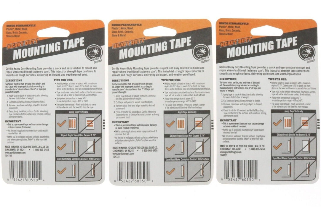 Gorilla #6055002 Heavy Duty Mounting Double-Sided Tape 30lbs 60" ~ 3-Pack