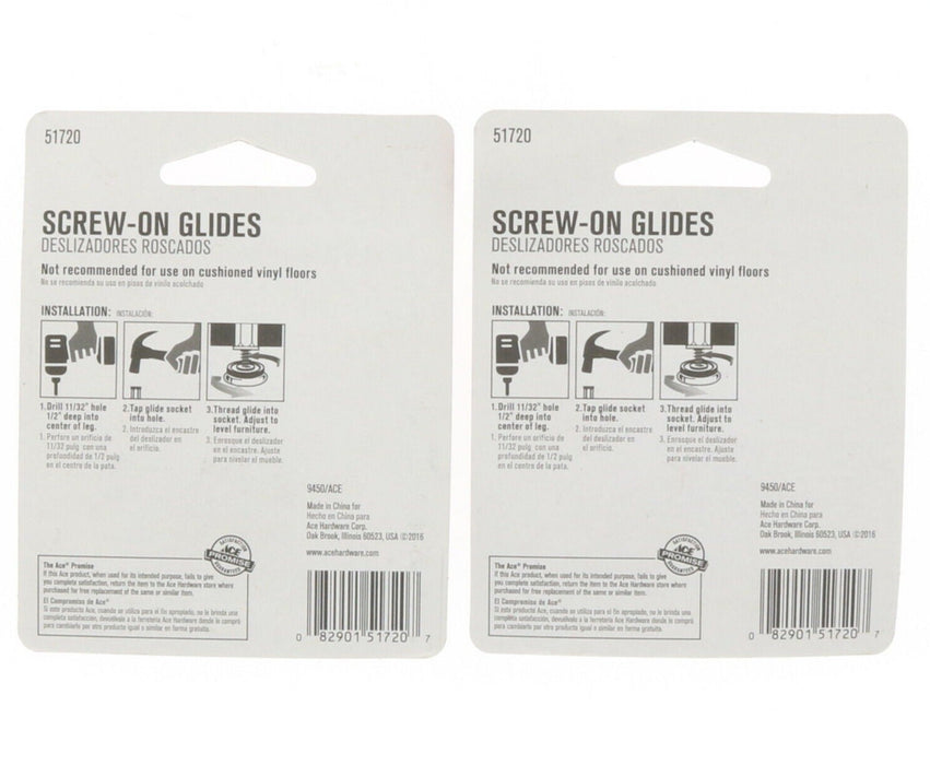 Ace Hardware #51720 Screw-On Glides Furniture Leveling 1-1/16" ~ 2-Pack ~ 8 Glides Total