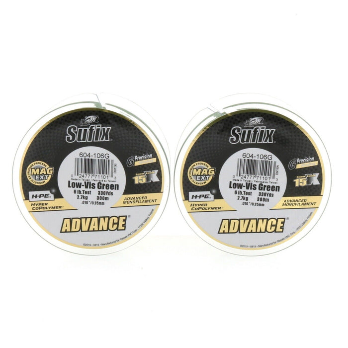 Sufix #604-106G    Advance Monofilament Fishing Line 6lbs 330yds Low Vis Green ~2-Pack