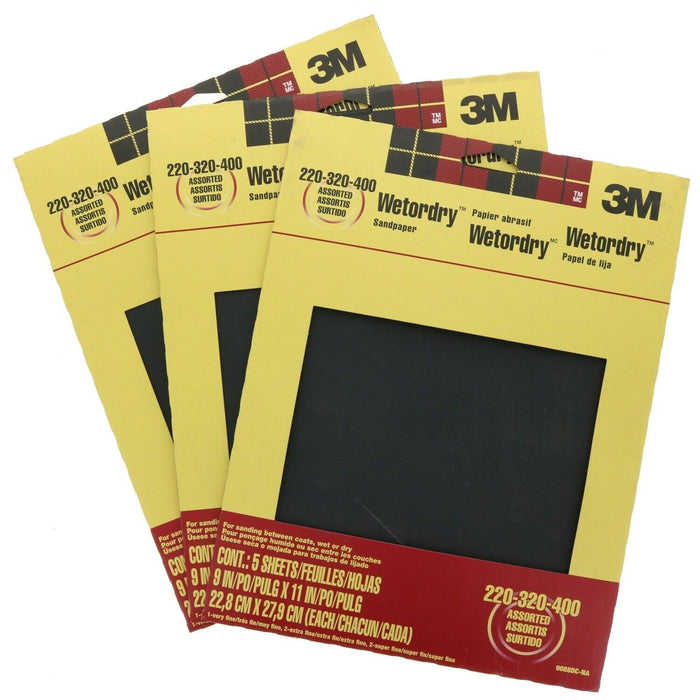 3M #9088DC-NA 220/320/400 Wet Or Dry Sandpaper 9"x11" Assorted ~ 3-Pack ~ 15 Sheets Total