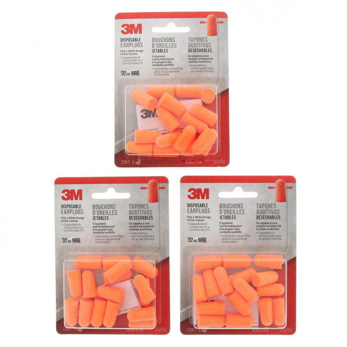 3M #92077H8-DC Disposable Ear Plugs 32dB Hearing Protection ~ 3-Pack ~ 24 Ear Plugs Total