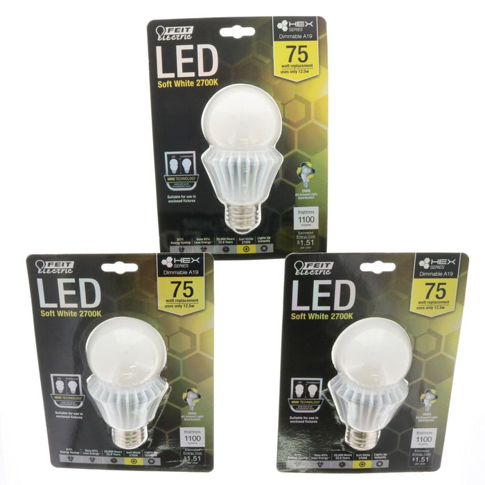 Feit Electric #BPA19HEX1100/827 75 Watt Replacement Light Bulb LED Soft White Dimmable A19 ~ 3-Pack