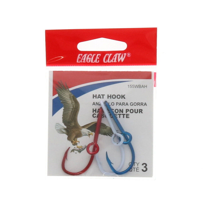 Eagle Claw #155WBAH Hat Hook Red White Blue Hat Pin Fishing Hook Clip Set of 3