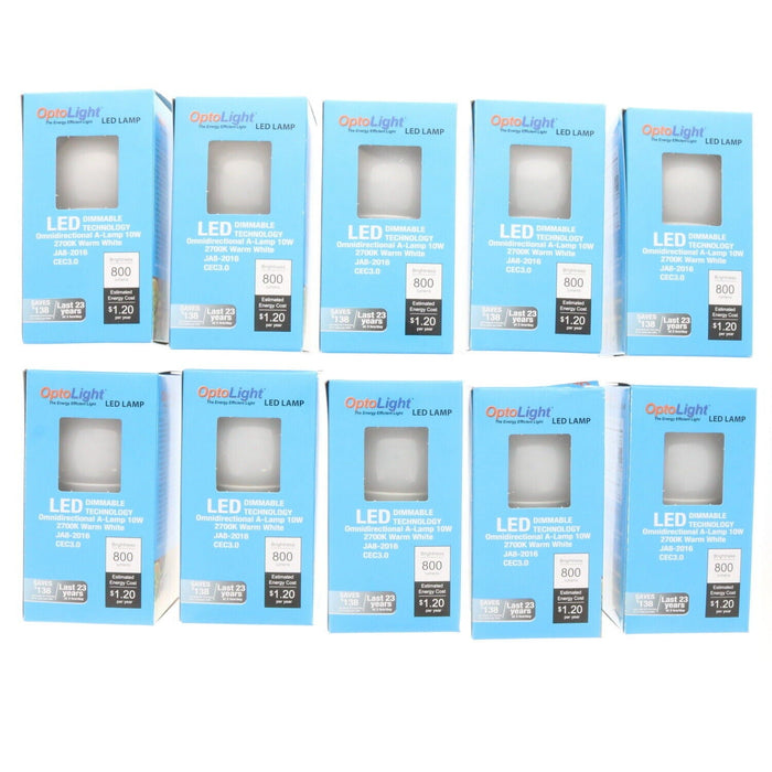 Optolight #OP-A19D5-10W-27 Dimmable Light Bulbs A19 10W 800 Lumens 2700K ~ 10-Pack