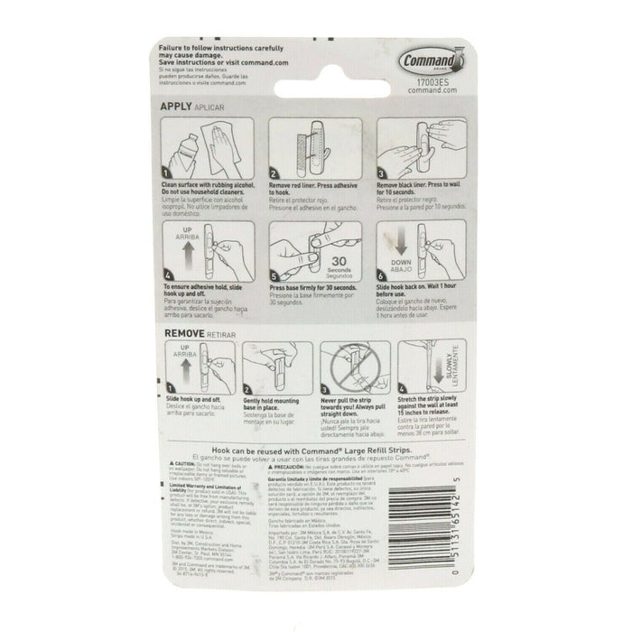 3M #17003ES Command Strips Large Hooks Holds 5 lbs ~ 6-Pack