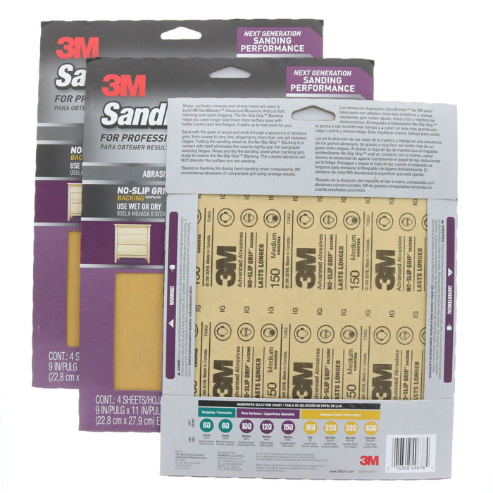 3M #20150-G-4 9 x 11 Wet Dry Sandpaper 150 Grit Medium ~ 3-Pack ~ 12 Sheets Total