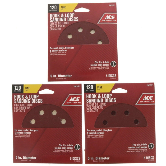 Ace Hardware #2002152 Sanding Discs 5" Diameter 8-Hole Orbit Sander 120 Grit ~ 3-Pack ~ 15 Discs Total