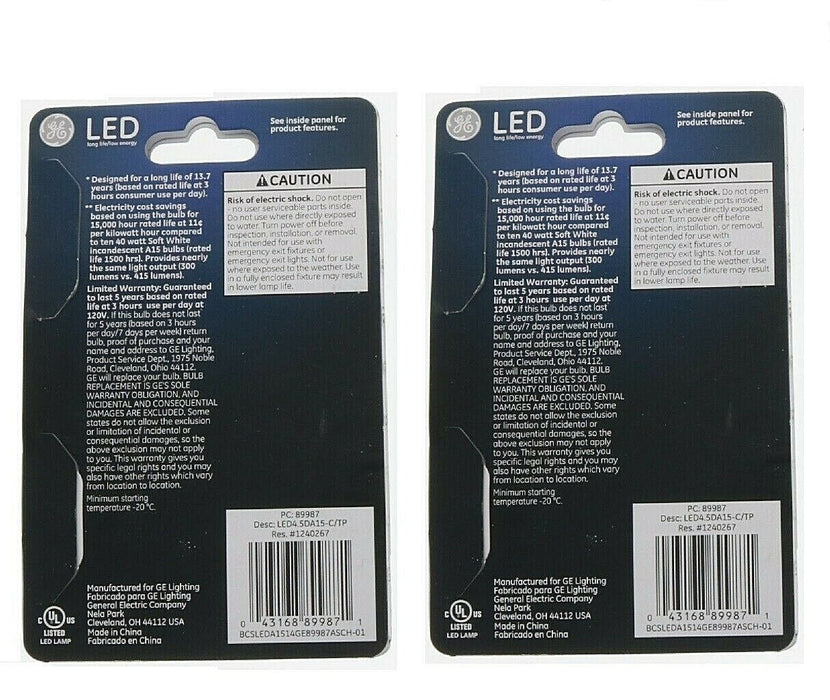 GE #89987 LED A15 40W Ceiling Fan Lightbulbs Soft White Dimmable ~ 2-Pack