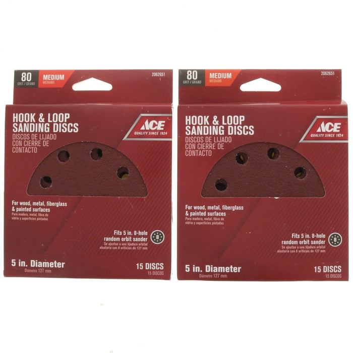 Ace Hardware #2062651 5" Sanding Discs 8-Hole 80 Grit ~ 2-Pack ~ 30 Discs Total