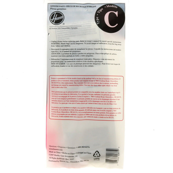 Hoover #4010077C Convertible Upright Hoover Vacuum Bags Type C ~ 3-Pack ~ 9 Vacuum Bags Total