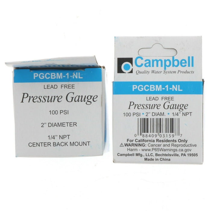 Campbell #PGCBM-1-NL Liquid Pressure Gauge 100 PSI 1/4" Water Well Pump Back Mount ~ 2-Pack