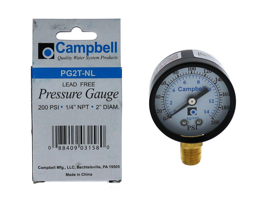 Campbell PG2T-NL Pressure Gauge 1/4" NPT 200 PSI ~ 2-Pack