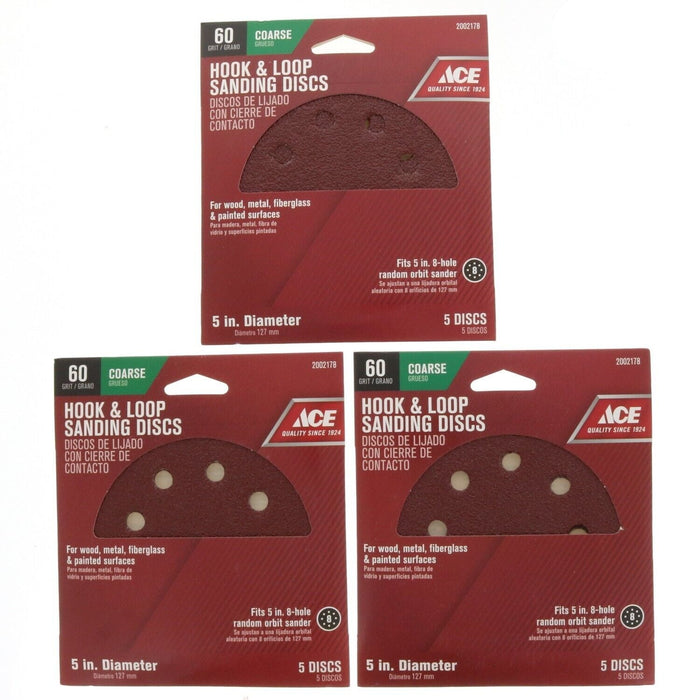 Ace Hardware #2002178 Hook & Loop Sanding Discs 60 Grit Coarse ~ 3-Pack ~ 15 Discs Total