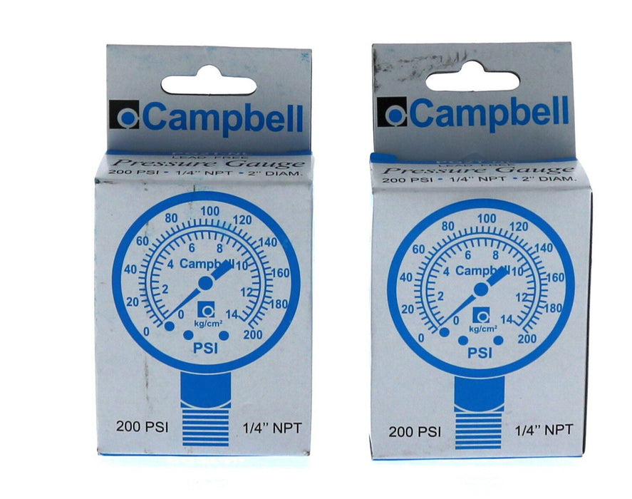 Campbell PG2T-NL Pressure Gauge 1/4" NPT 200 PSI ~ 2-Pack