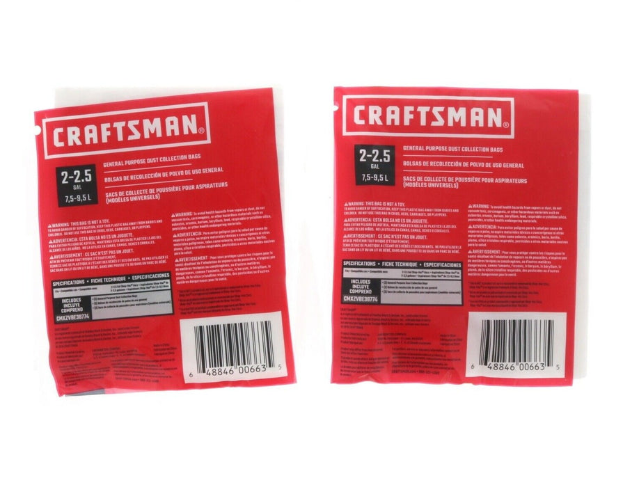 Craftsman #CMXZVBE38774 General Purpose Dust Collection Bags 3 Bags ~ 2-Pack