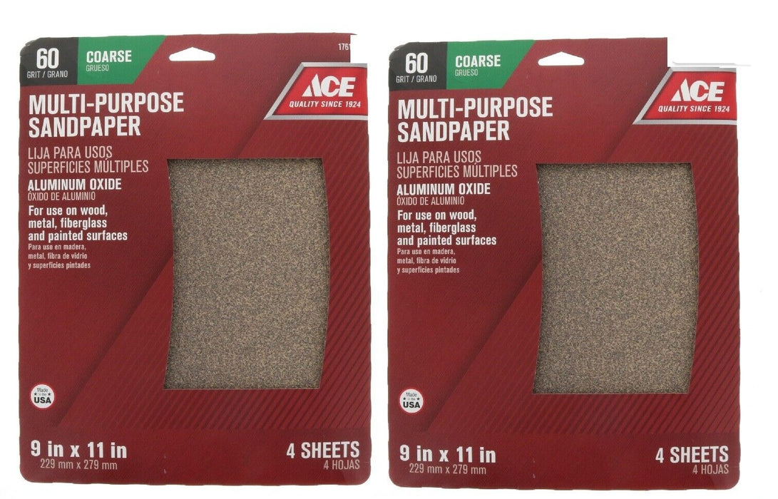 Ace Hardware #17615 Sheets Multi-Purpose Sandpaper 60 Grit ~ 2-Pack ~ 8 Sheets Total