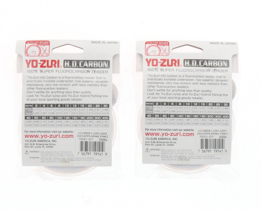 Yo-Zuri #R893-DP H.D. Carbon 100% Fluorocarbon Leader Line 30yd 50lbs Disappearing Pink ~ 2-Pack