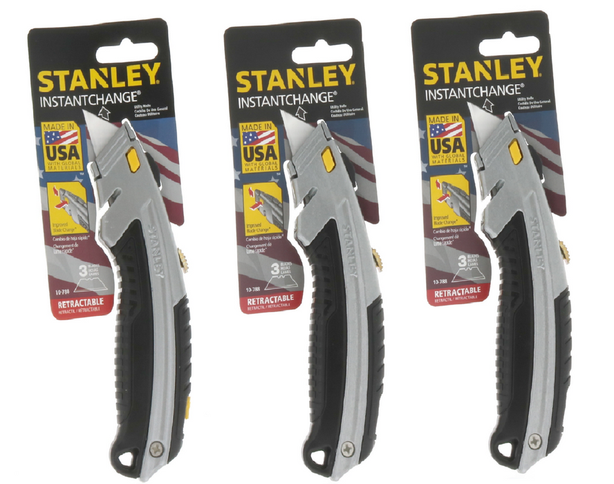 Stanley #10-788 Instantchange Retractable Box Utility Knife Cutter & Blades ~ 3-Pack
