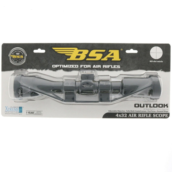 BSA #AIR4X32AOTB Outlook 4x32 Air Rifle Scope Mil-Dot Reticle