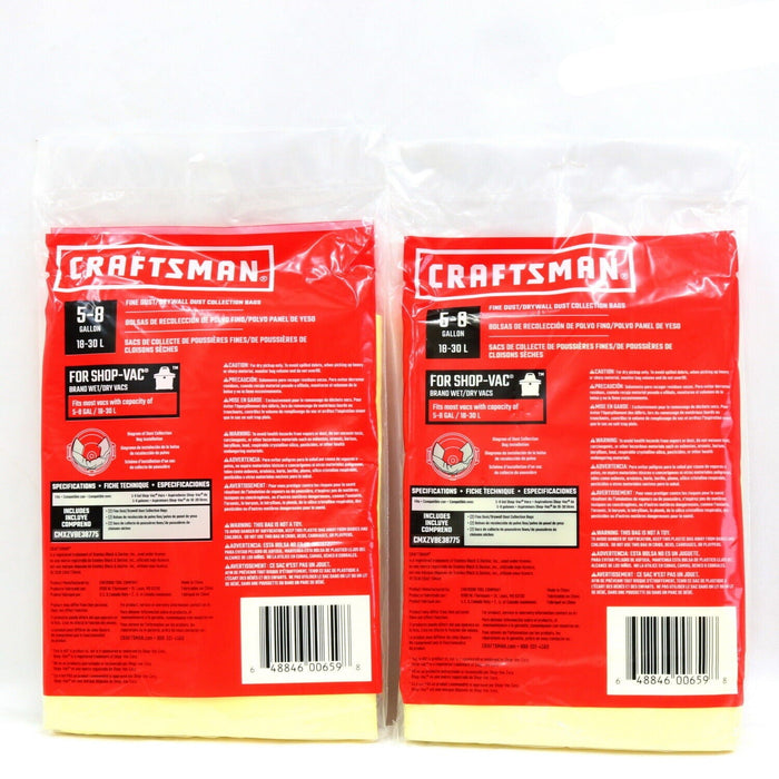 Craftsman #CMXZVBE38775 Fine Dust / Drywall Shop Vac Bags 8 Gallons ~ 2-Pack ~ 4 Bags Total