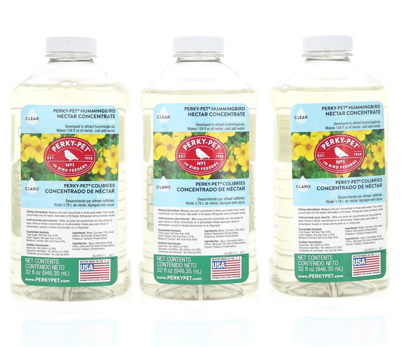 Perky Pet Hummingbird Nectar Concentrate Liquid Clear 32oz ~ 3-Pack ~ 96oz Total