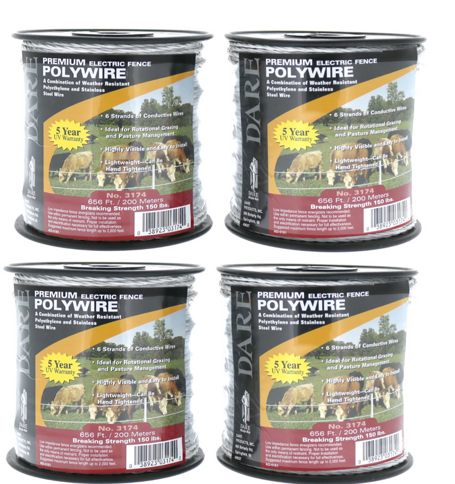 Dare #3174 Premium Electric Fence Wire White Polywire 656ft ~ 4-Pack