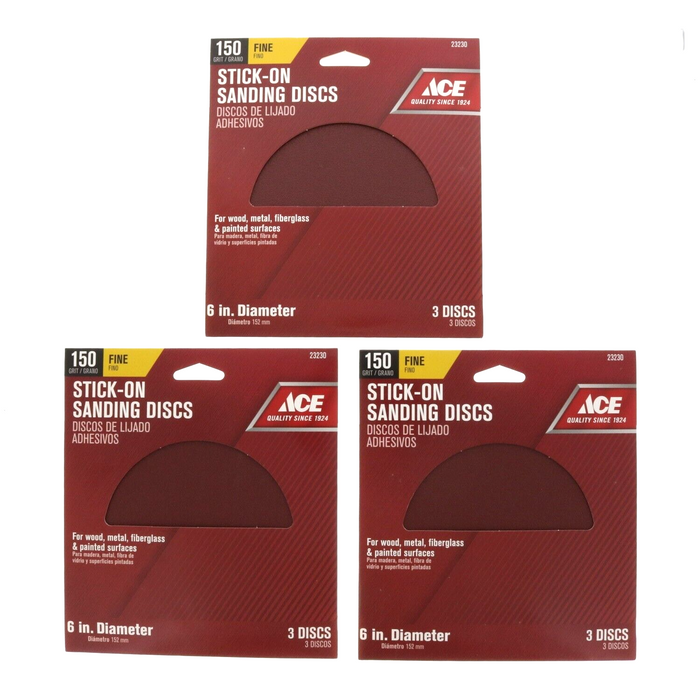 Ace #23230    Stick On Sanding Disc 6 Inch 150 Grit Fine ~ 3-Pack