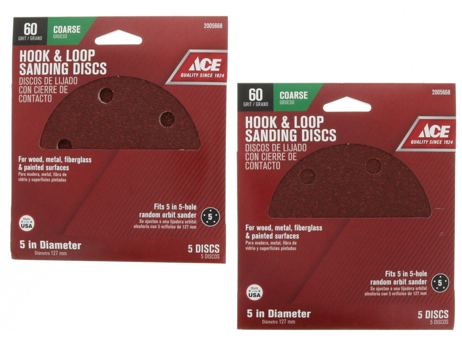 Ace Hardware #2005668 5" 5-Hole Hook & Loop Sand Paper Discs 60 Grit ~ 2-Pack