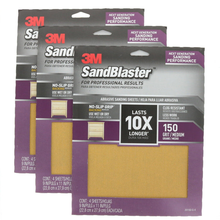 3M #20150-G-4 9 x 11 Wet Dry Sandpaper 150 Grit Medium ~ 3-Pack ~ 12 Sheets Total