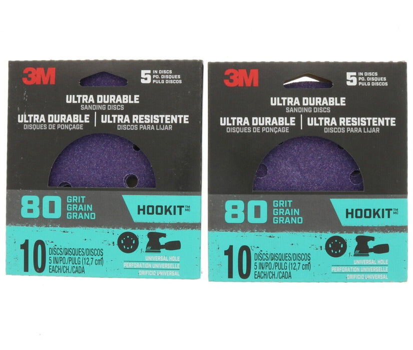 3M #Disc5in10pk80 Ultra Durable Hookit Sanding Discs 80 Grit ~ 2-Pack ~ 20 Disc Total