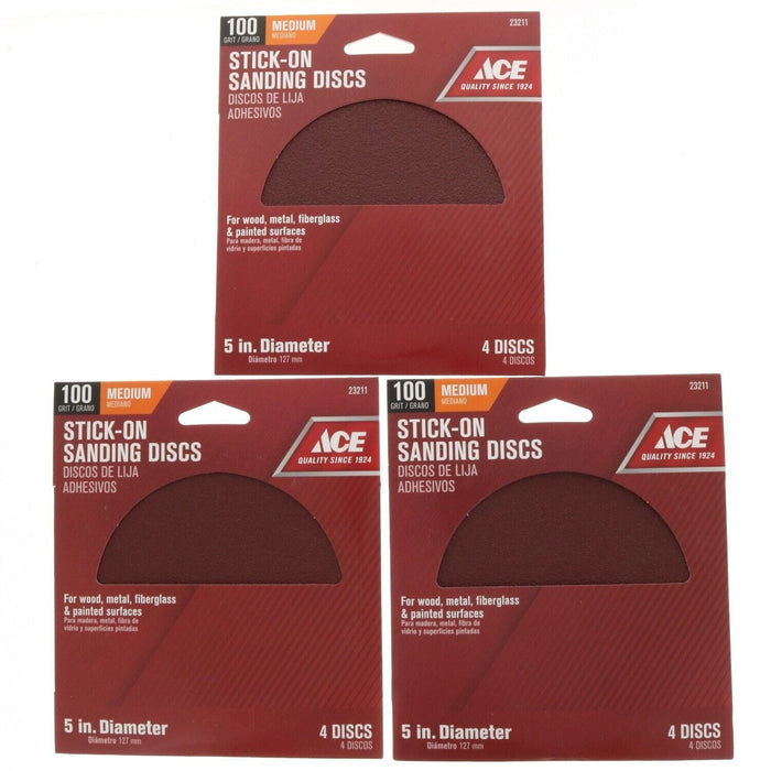 Ace Hardware #23211 Stick-On Sanding Discs 5" Medium 100 Grit ~ 3-Pack ~ 12 Discs Total