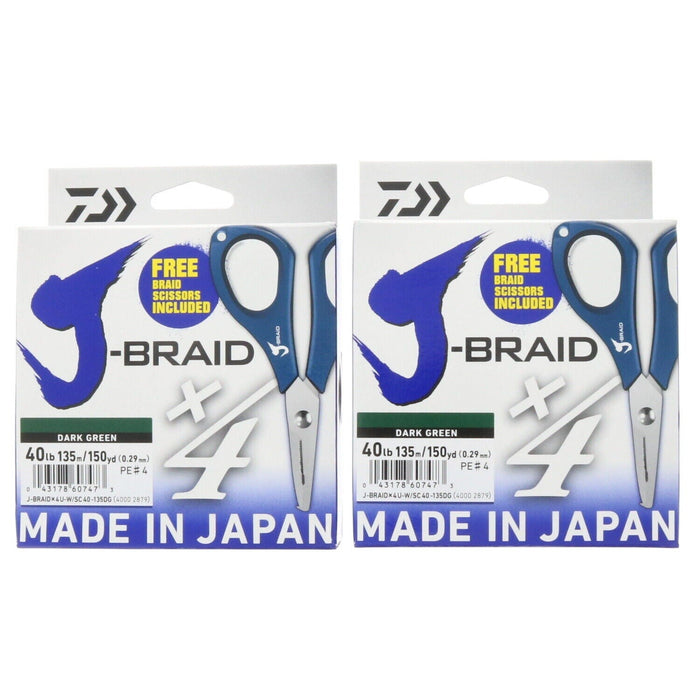 Daiwa J-Braid x4 40lb Test 150 Yards Green + Braid Scissors ~ 2-SETS