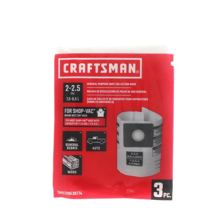 Craftsman #CMXZVBE38774 Shop Vac Dust Bags 2 - 2.5 Gallon ~ 3-Pack ~ 9 Bags Total