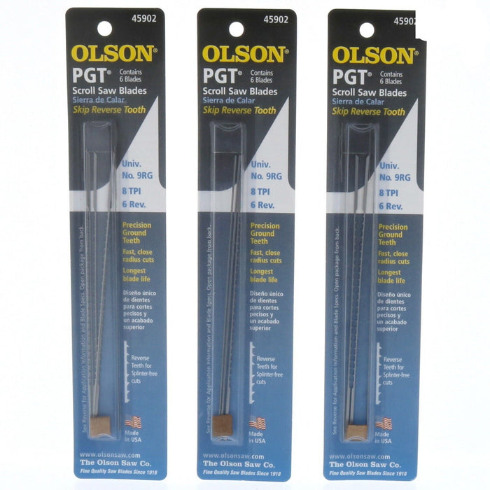 Olson #45902 PGT Scroll Saw Blades 8TPI Skip Reverse Tooth ~ 3-Pack ~ 18 Blades Total