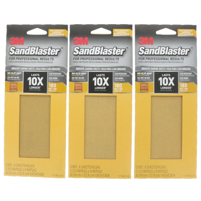 3M #11180-G-6 Wet / Dry Sandpaper Sanding Sheets 180 Grit ~ 3-Pack ~ 18 Sheets Total