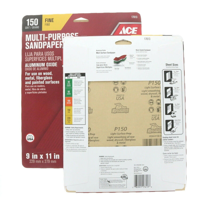 Ace Hardware #17613 10ct Multi-Purpose Sandpaper 150 Grit Fine ~ 2-Pack ~ 10 Sheets Total