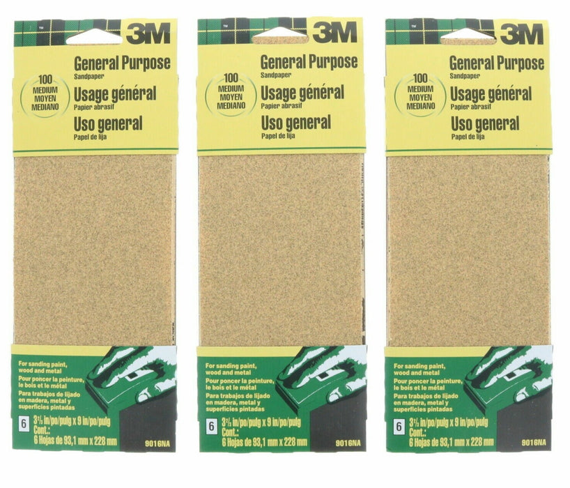 3M #9016NA Sanding Sand Paper Sheets 100 Grit Medium Paint Wood Metal ~ 3-Pack ~ 18 Sheets Total