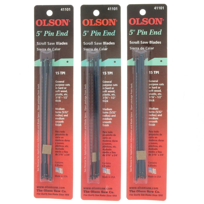 Olson #41101 5" Pin End Scroll Saw Blades 15 TPI ~ 3-Pack ~ 18 Blades Total