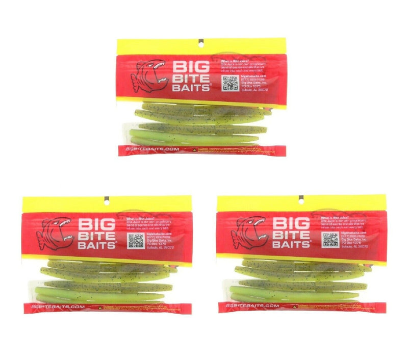 Big Bite Baits #TS518 5" Trick Stick Watermelon Chartreuse Bass Fishing ~ 3-Pack ~24 Worms Total