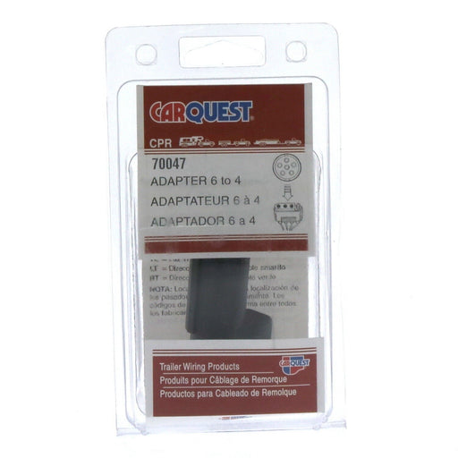 A package of CarQuest #CPR70047 6 Round to 4 Flat Plug Wire Trailer Truck Adapter Connector for the DQ Quest, designed to enhance connectivity and compatibility.