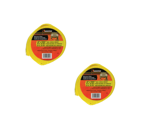 Two Keeper #89922 2 in. W X 20 ft. L Yellow Vehicle Recovery Strap 7000 lb on a white background: essential tools for marking boundaries or securing objects.