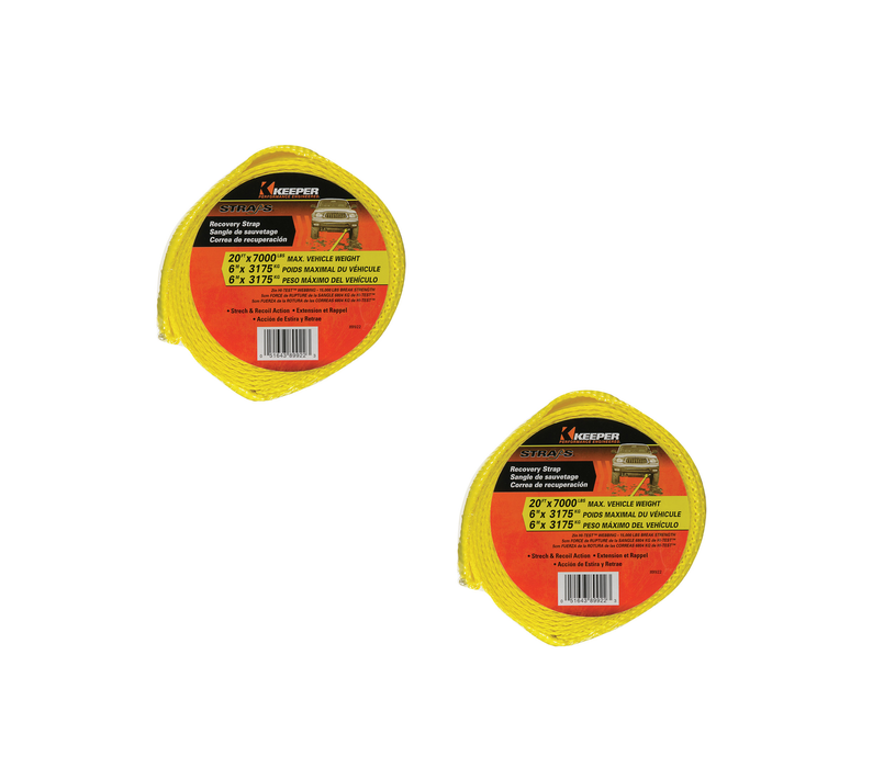 Two Keeper #89922 2 in. W X 20 ft. L Yellow Vehicle Recovery Strap 7000 lb on a white background: essential tools for marking boundaries or securing objects.